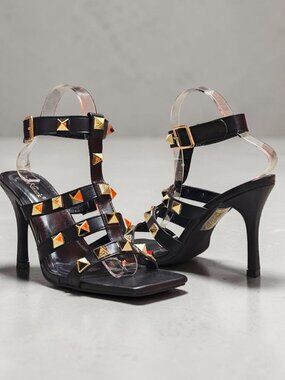 Black Studded High Heel Sandals With Square Toe & Adjustable Ankle Strap